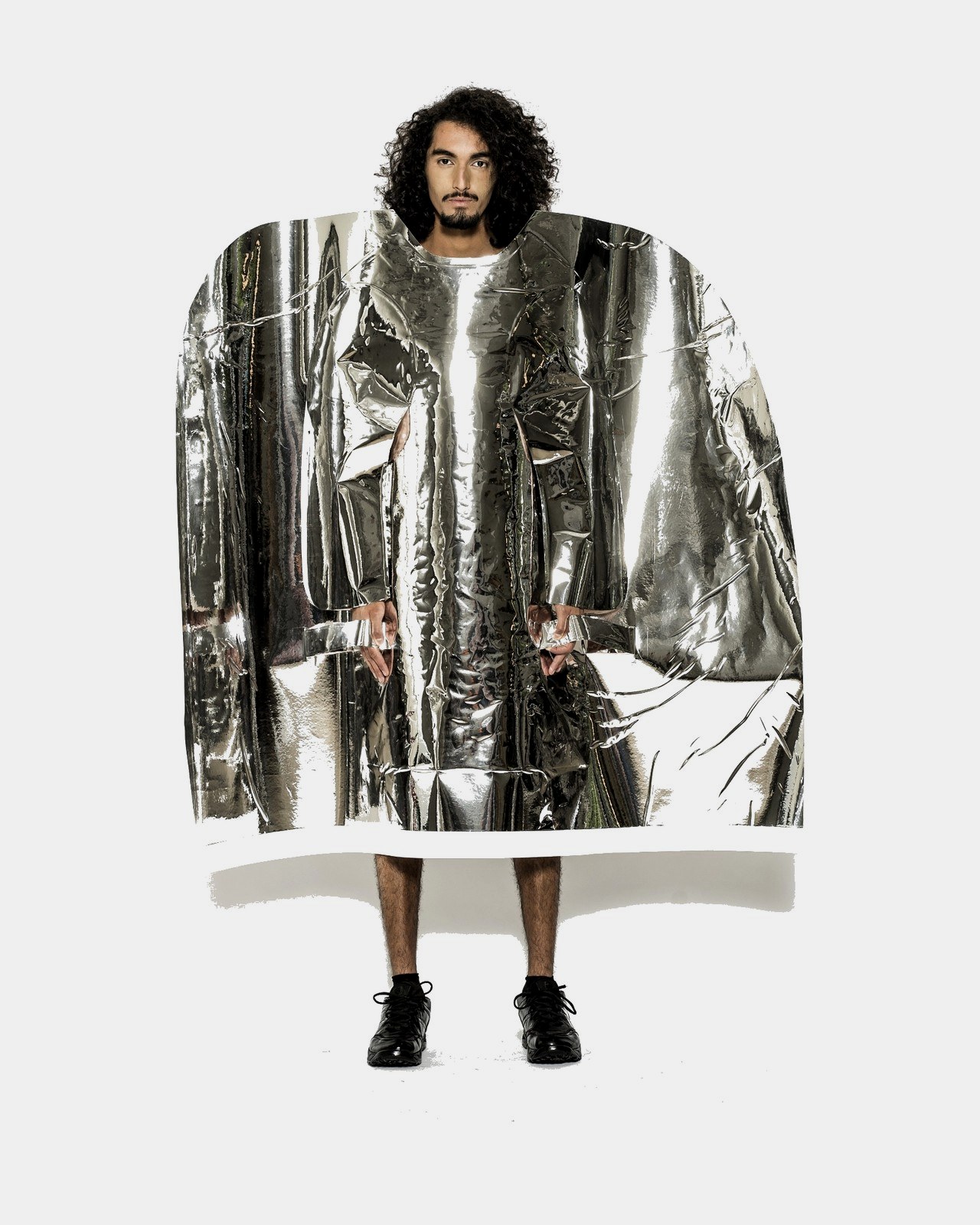 Mirror-silver foil oversized coat