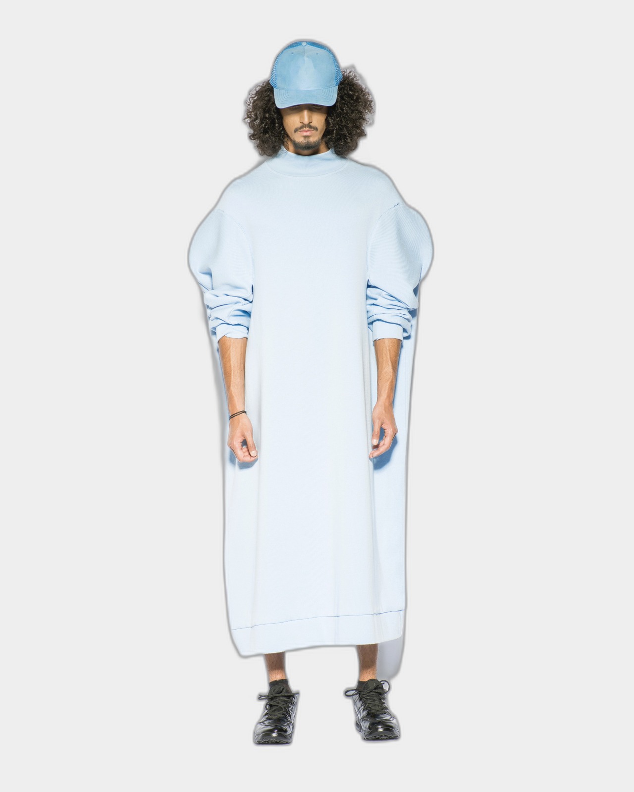 Powder-blue long sweater dress with puffed sleeves