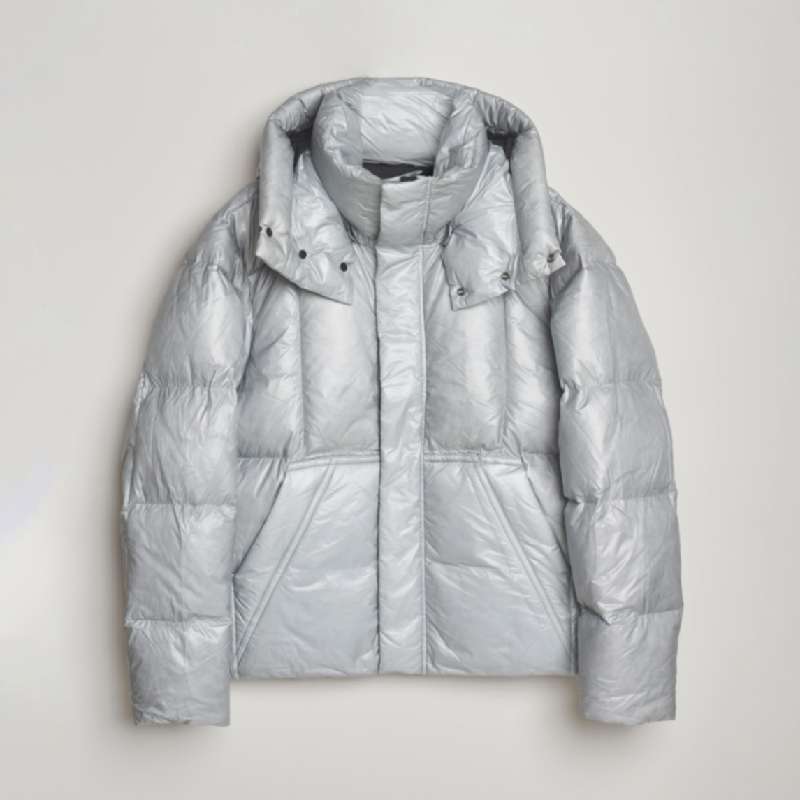 Metallic silver down puffer jacket, product flatlay