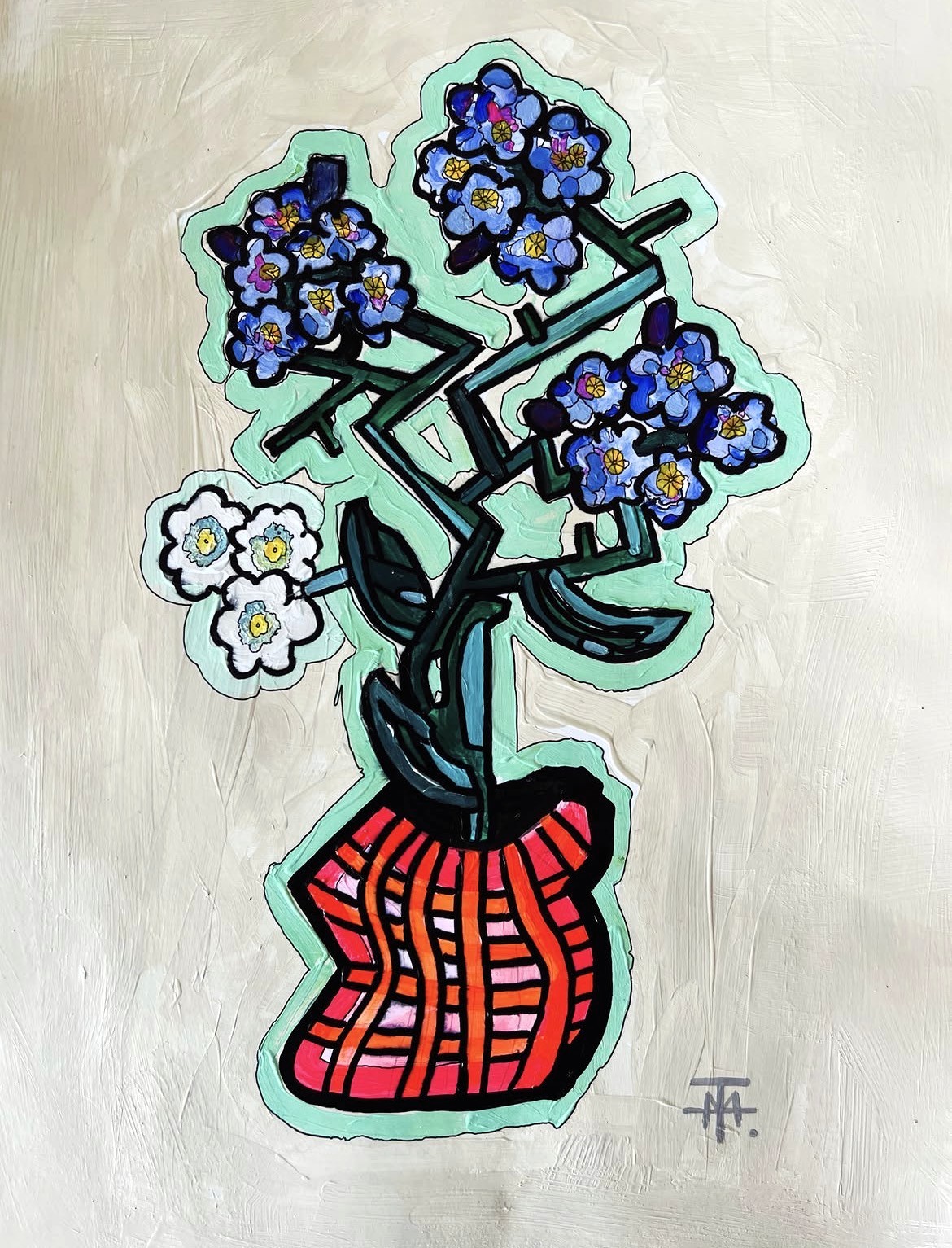 Vase Series close-up - forget-me-nots in a red striped vase, full painting