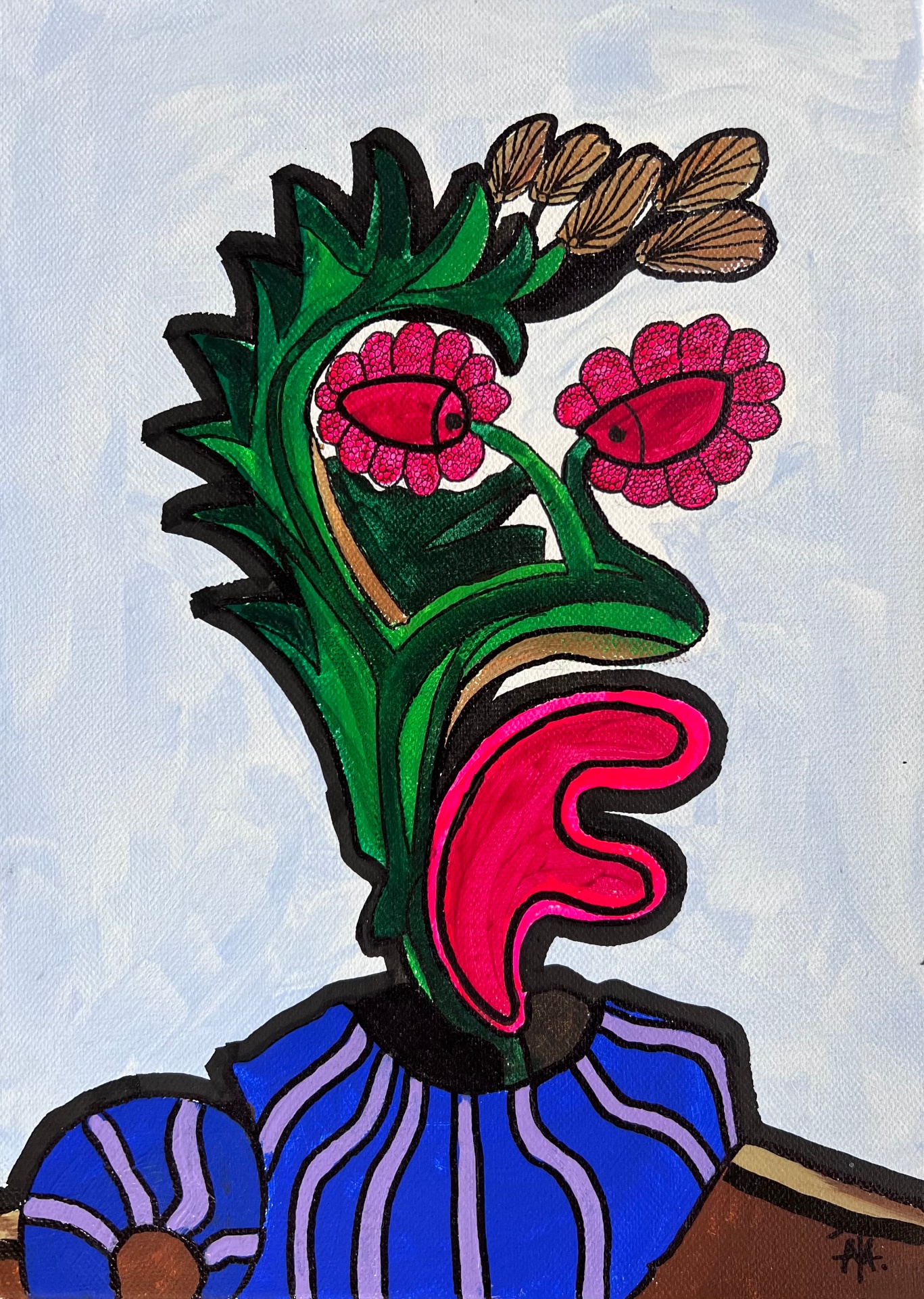 Vase Series close-up - flowering figure with green crown and pink bloom eyes