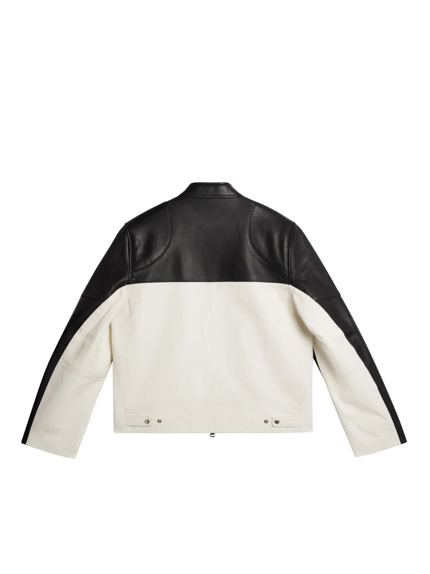 Tatum biker jacket, black and cream leather panelled flatlay, back view