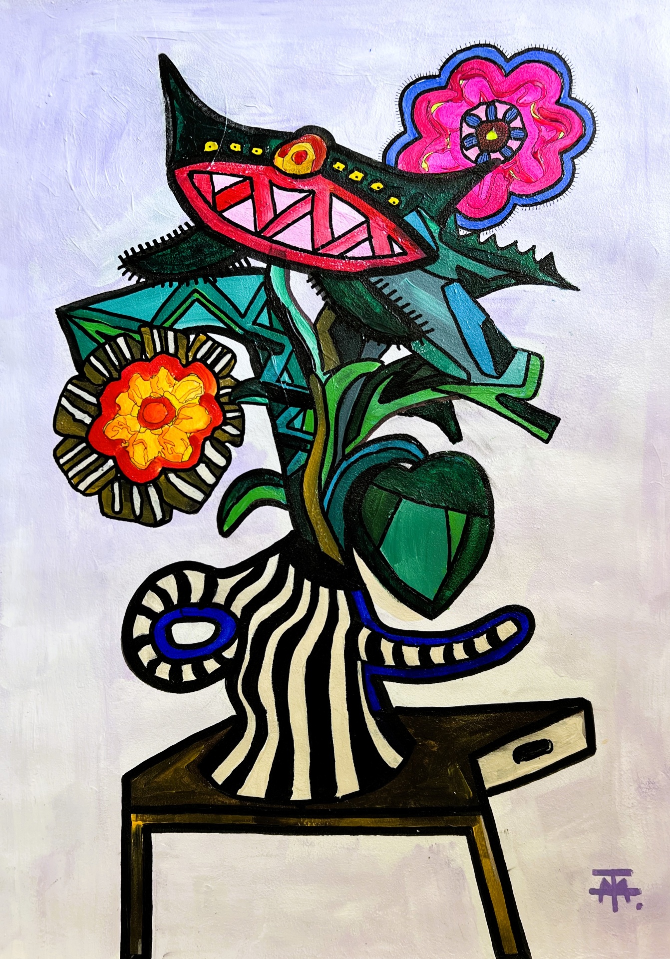 Vase Series close-up - striped vase with pink and marigold flowers, full painting