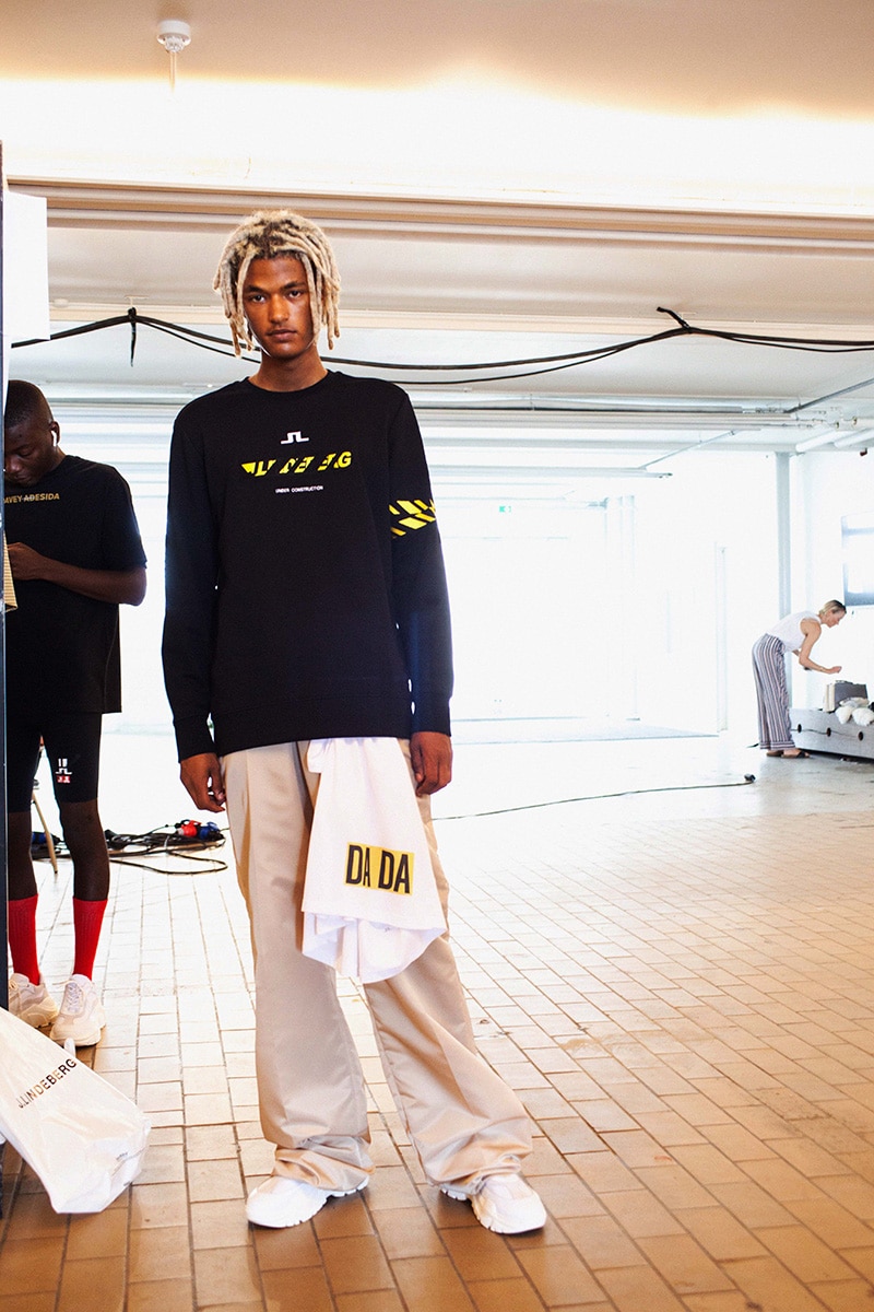 J.Lindeberg SS19 backstage - graphic sweatshirt and tailored trousers