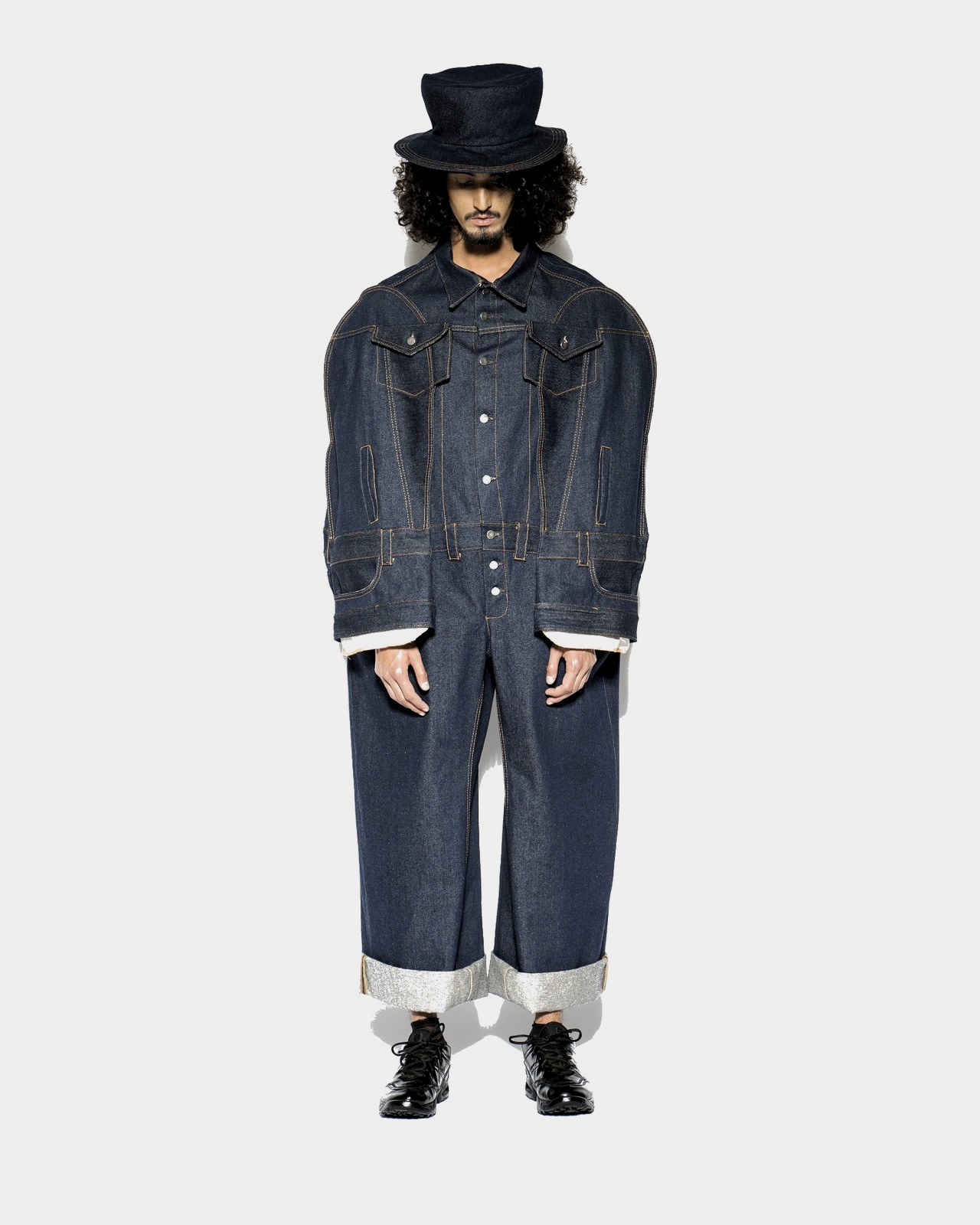 Oversized raw denim jacket and wide trousers